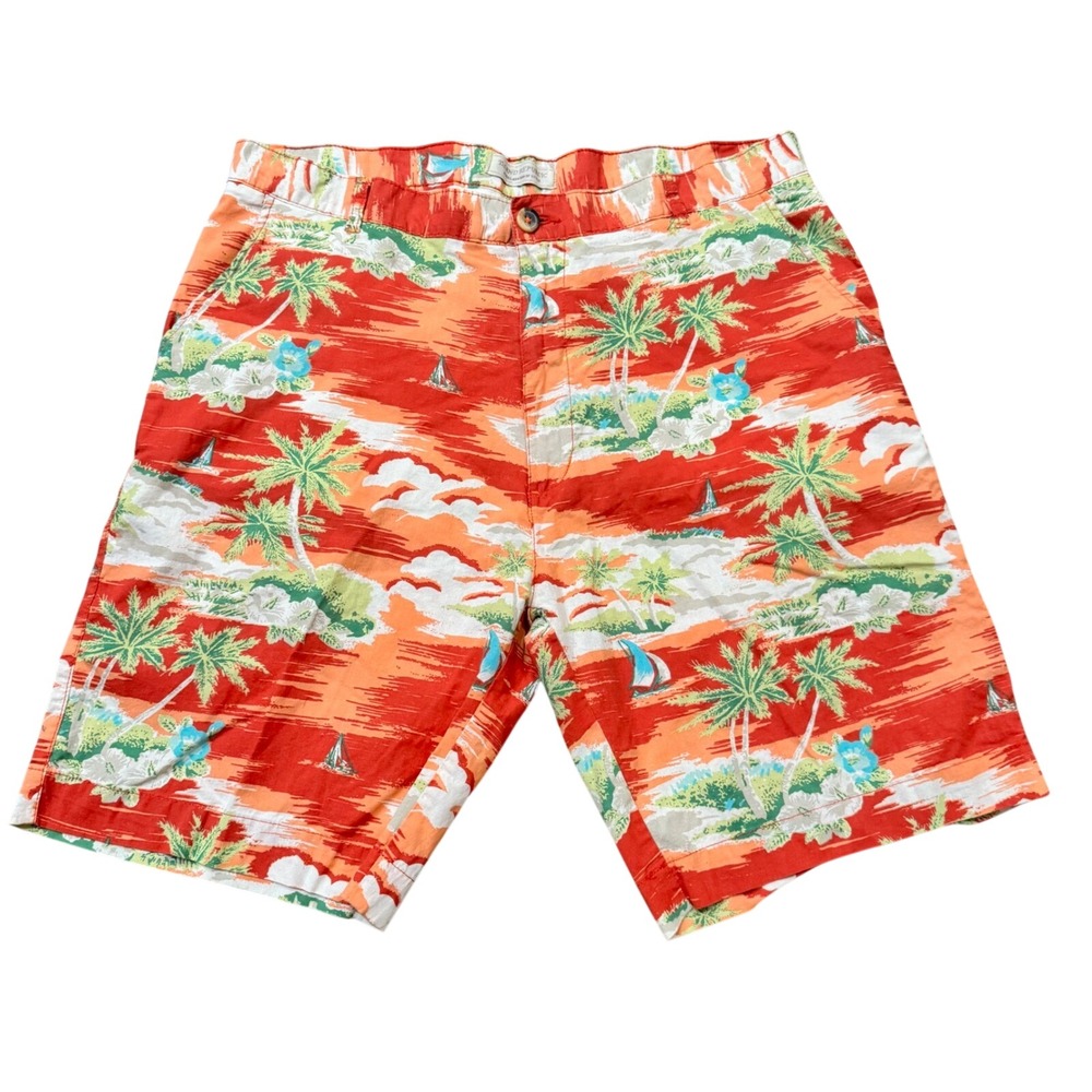 Island Republic‎ Mens 38 Tropical Sunset Palm Tree Sailboat Cotton Shorts Red